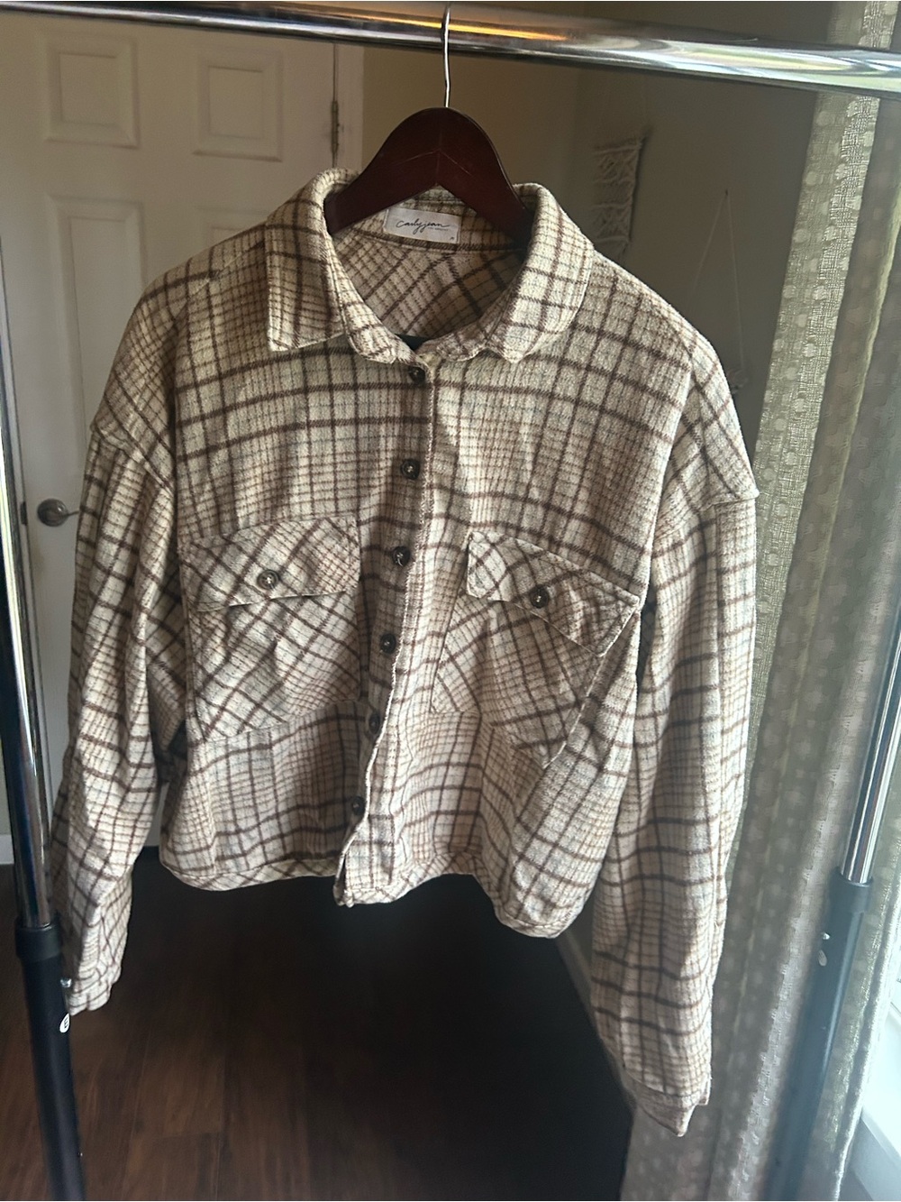 Carly Jean Los Angeles Neutral Plaid Shacket in Beige and Brown